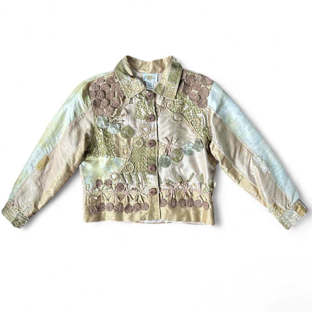 SANDY STARKMAN Silk Patchwork 3D Applique Jacket Art Wear Lagenlook Funky Size M - Picture 1 of 16